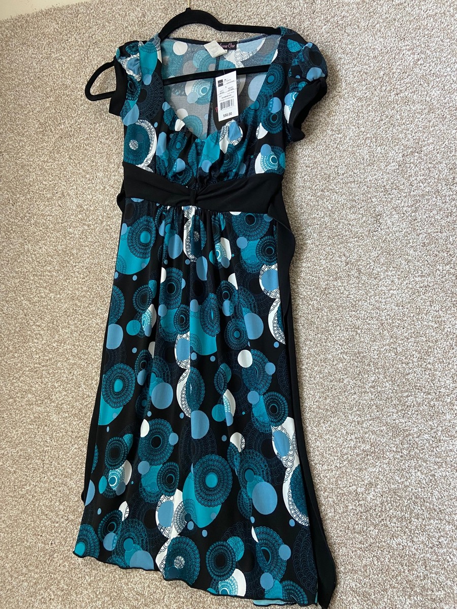 Volume One Juniors Blue Black Geometric Empire Waist Tie Back Dress Size  Small