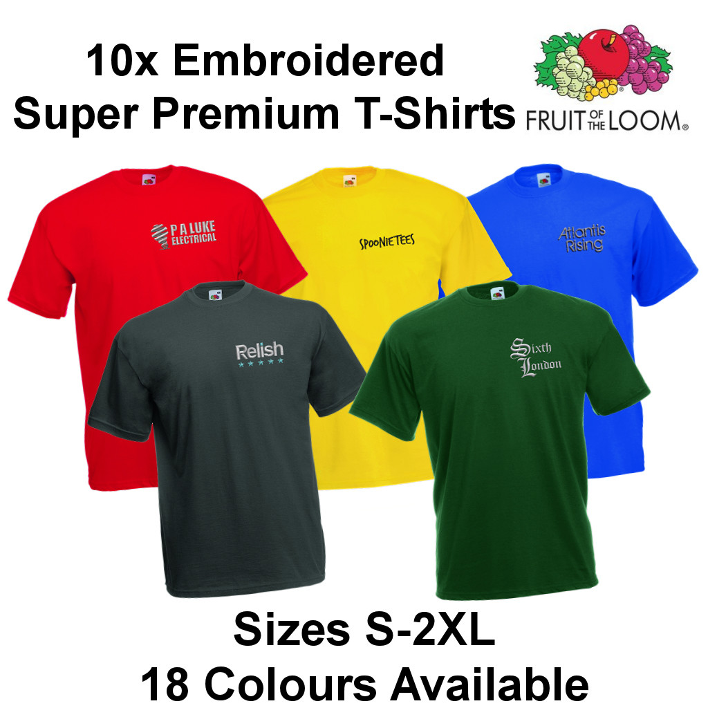 10x Embroidered FRUIT OF THE LOOM S-2XL PREMIUM TShirt SS21 No setup All Colours 10x Embroidered FRUIT OF THE LOOM S-2XL PREMIUM TShirt SS21 No setup All Colours