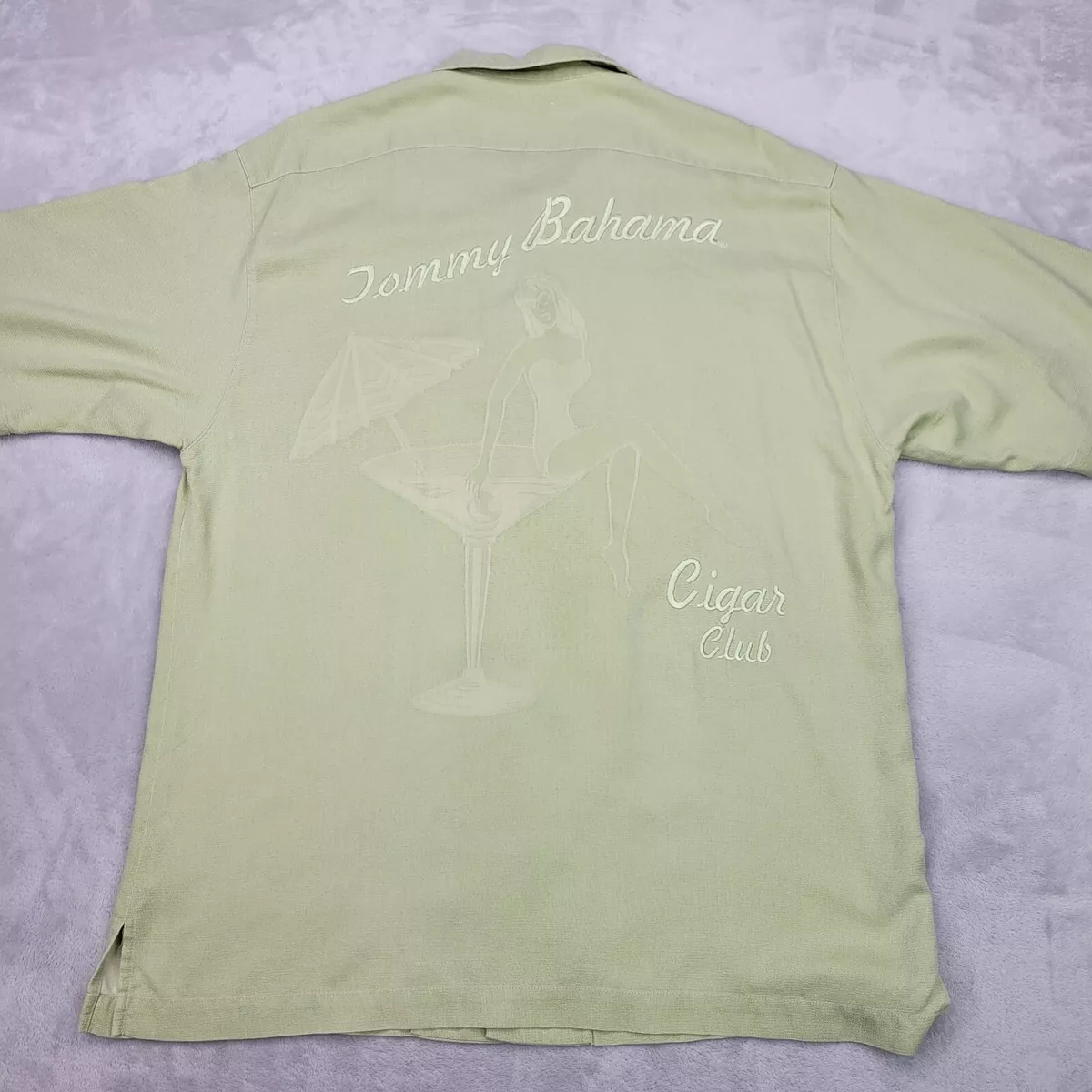 Tommy Bahama Shirt Men Medium Green Silk Hawaiian Cigar Club Bikini Girl Adult