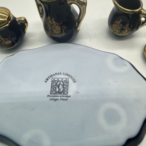 Set da tè vintage in miniatura porcellana Limoges 10 pezzi elegante con accenti oro - Foto 6 di 7