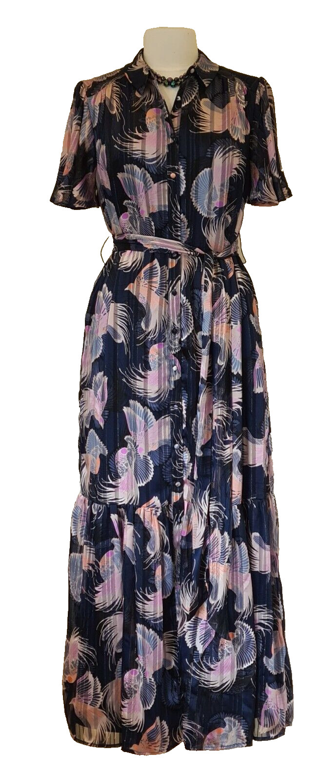 Monsoon Shirt Dress Long Blue Bird Print Collared Belted Lined Pockets UK 12 New