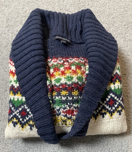 AEO Women’s Nordic Sweater Sz S Open Front Collared White Blue Knit Pockets - Picture 13 of 13