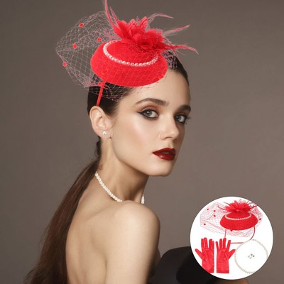  1 Set Fascinator Hat Veil Mesh Headband Gloves Pearl Earrings Necklace Set Tea