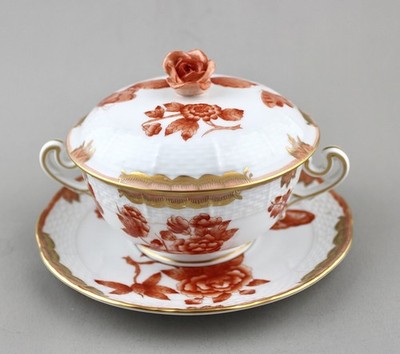 HEREND PORZELLAN FORTUNA ROST VBOH SUPPENCOUPE, DECKEL & UNTERTASSE 744 1. TOP!
