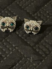 Betsey Johnson Cat Earrings Face Kitty Rhinestones Faux Pearl Pierced