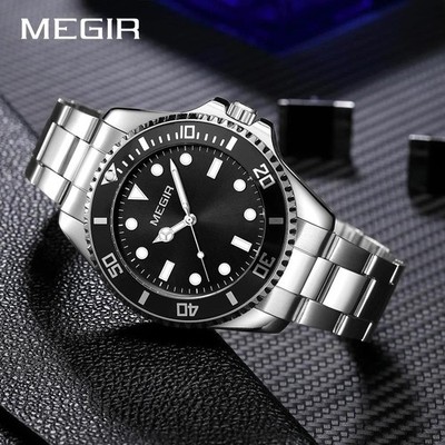 44MM MEGIR Luxury Quartz Watch Men's Diver 30M Waterproof Stainless Luminous NEW