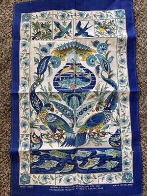 Vintage Fitzwilliam Museum William de Morgan Tile Blue Peacocks Tea Towel