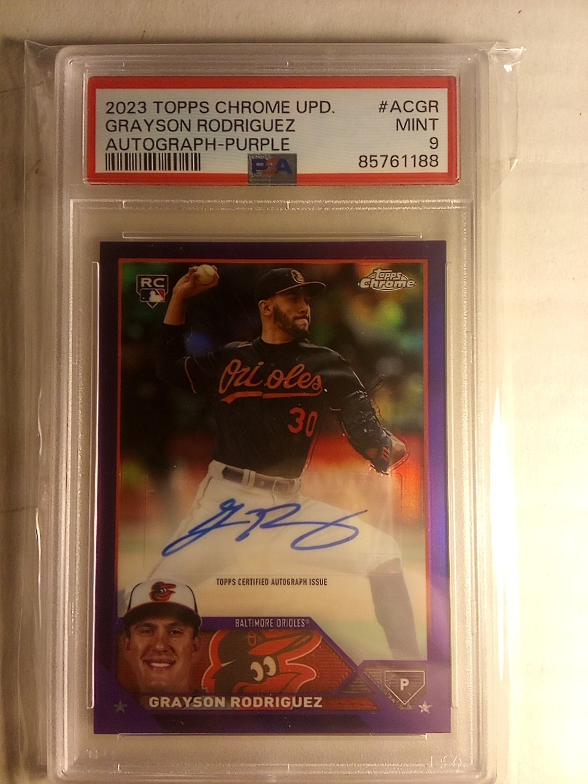 2023 Topps Chrome Grayson Rodriguez Purple Refractor Rookie Auto /250 PSA 9 Mint