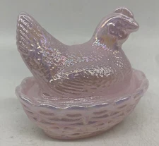 3" Covered Hen - Crown Tuscan Carnival - Mosser Glass, USA