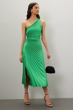 Delfi Collective LEAH Pleated One Shoulder Green Hunter Midi Dress - Small