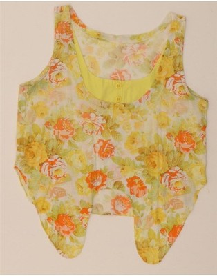 VINTAGE Damen-Blusentop vorne zum Binden ärmellos UK 14 Medium gelb Blumenmuster DG50