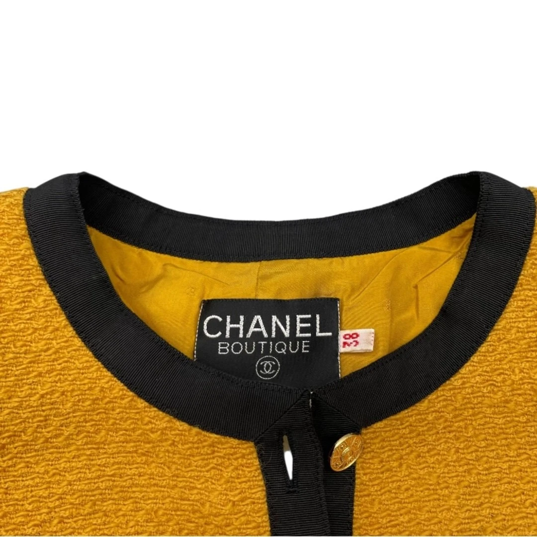 Giacca Chanel vintage senza colletto tweed giallo cotone donna