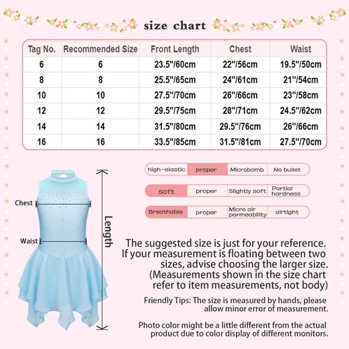 UK Girls Rhinestones Mesh Splice Figure Roller Ice Skating Dress Leotard Skirt - Picture 27 of 93