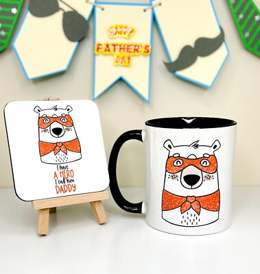 Papa Bär - Vatertag Tasse und Untersetzer Set, I Have A Hero I Call Him Papa Tasse