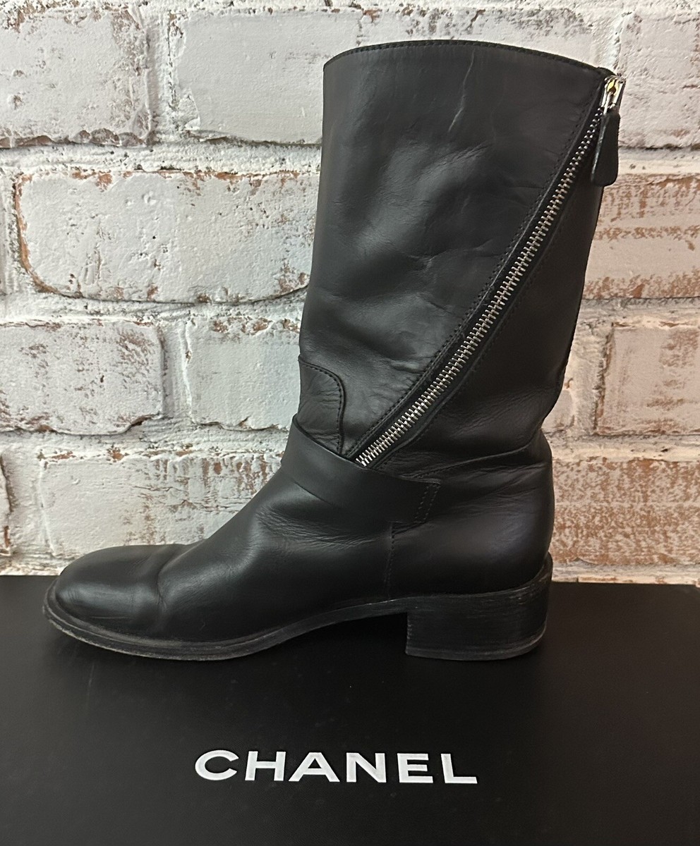 Chanel Black Leather Side Zip CC Logo Moto Boots Sz 39 US 9