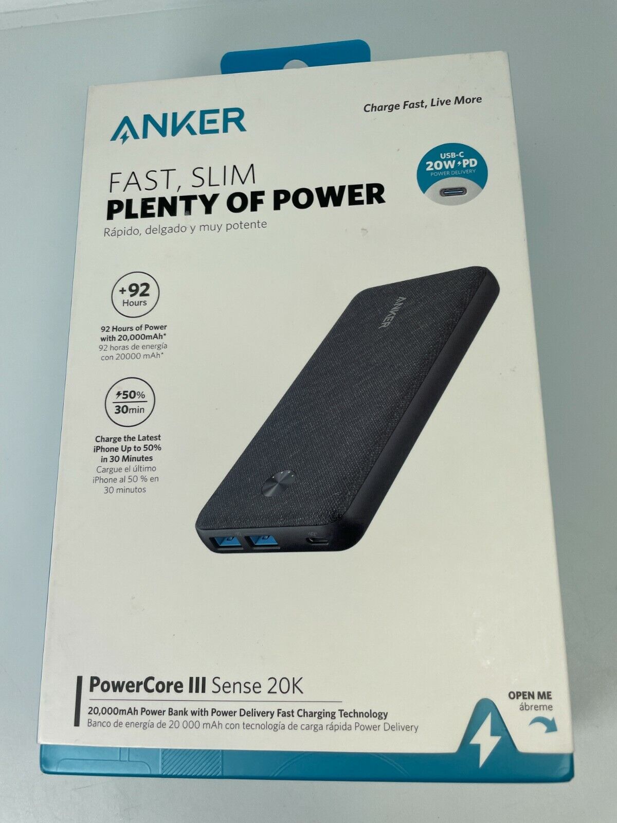 Anker PowerCore III Sense 20K mAh 20W PD USB-C Portable Battery Charger  Black 194644069742