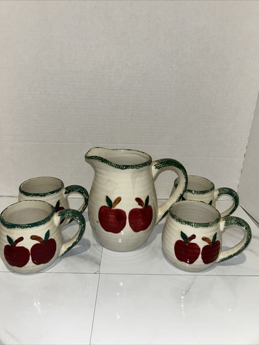 Vtg Apple Ceramic Heavy Coffee Mug Set With Pitcher & 4 Mugs New
