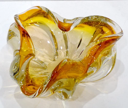 STUNNING! Vintage MURANO Art Glass AMBER GOLD Candy Dish Bowl / MCM MODERNIST