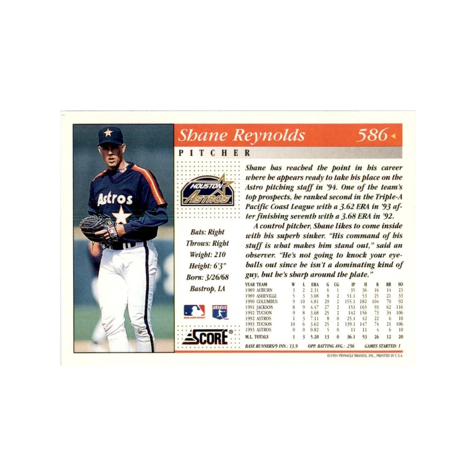 1994 Score Shane Reynolds Baseball Cards #586 - Image 2 of 3