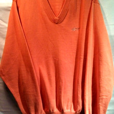 Greg Norman Sweater Men L/G V-Neck Pull On Long Slv Shark Logo Orange Cotton EUC
