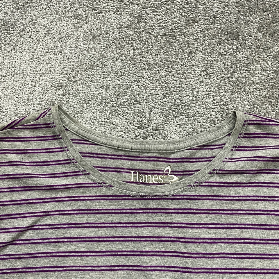 Blusa Hanes Para Mujer Grande Púrpura Gris Rayas Manga Larga Cuello Redondo Informal Top Foto 3 de 4