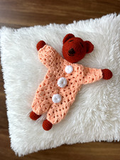 Handmade 11.5" Crochet Bear Lovey - Peach  Red Comfort Blanket