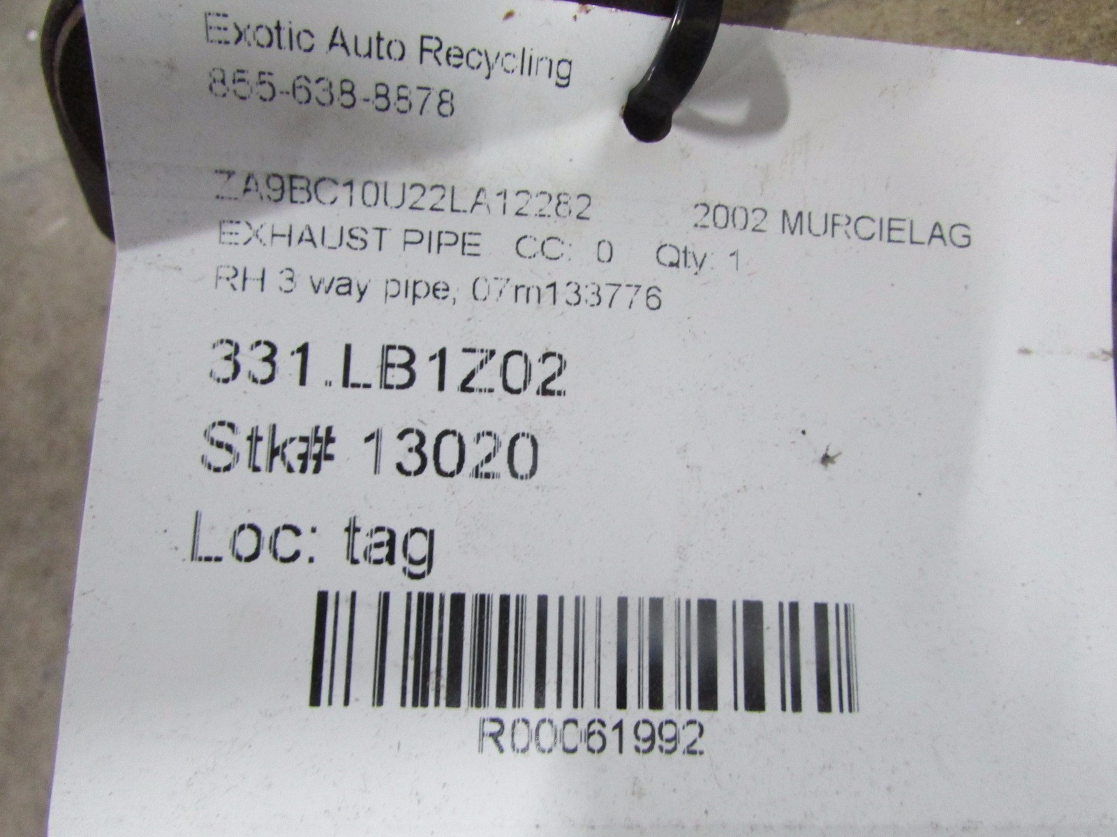 Lamborghini Murcielago, RH, Right Intermediate, Exhaust Pipe, Used, 07M133776