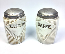 Antica Coppia SCATOLA Barattolo da Cucina PORCELLANA CERAMICA Coperchio Peltro