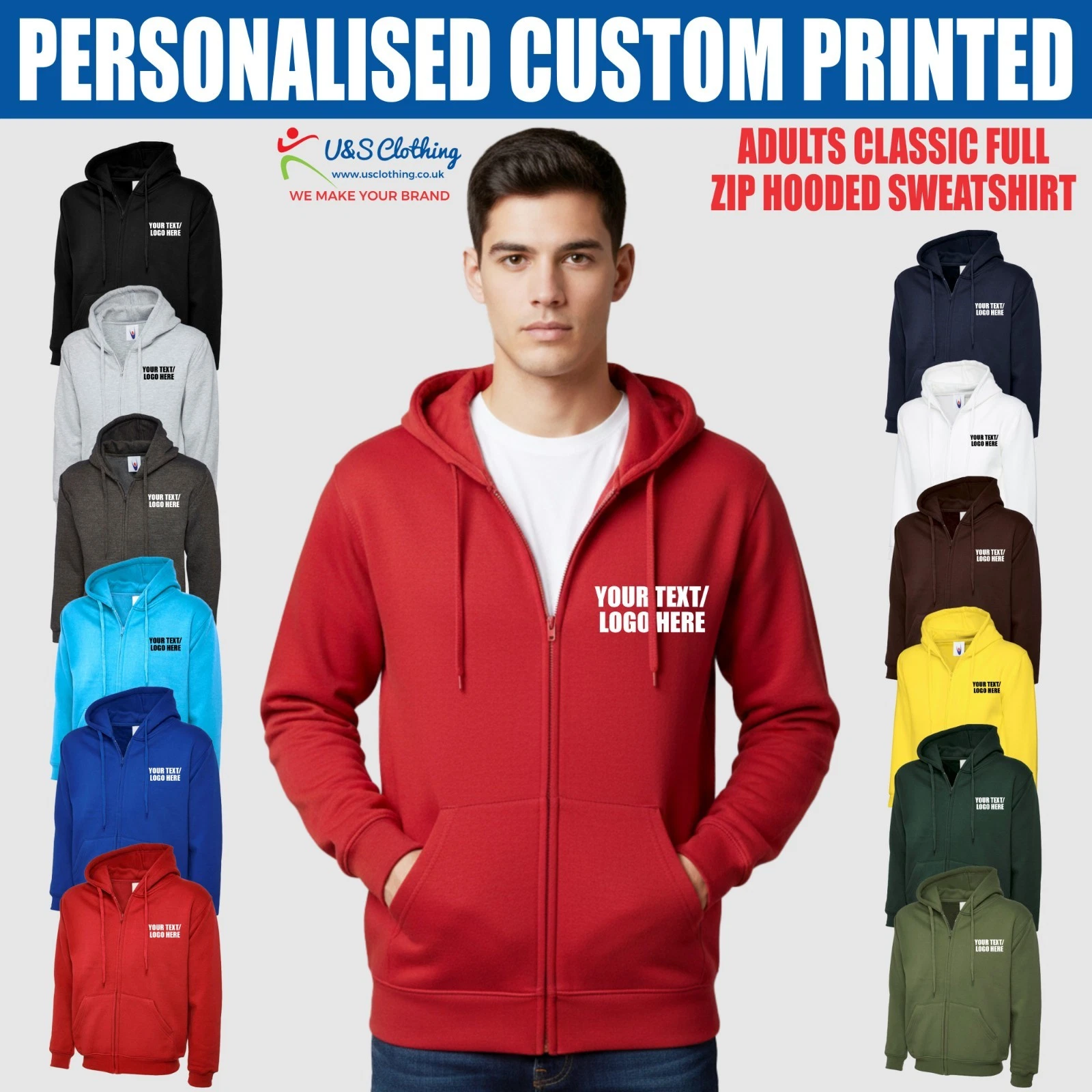 Personalised Adult Classic Full Zip Hooded Sweatshirt Custom Text Printed Hoodie
