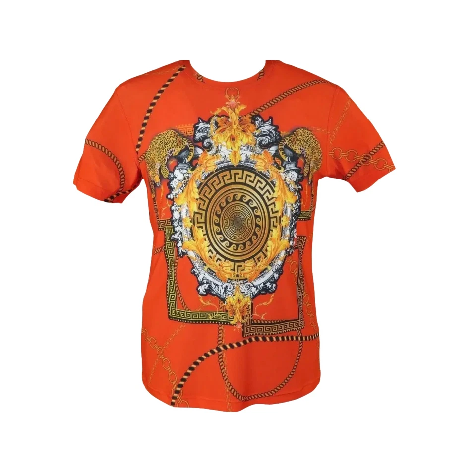 Men Crew T Shirt Makrom Turkey Medallion medusa Lion Floral 1231-426 red Gold - Immagine 2 di 4