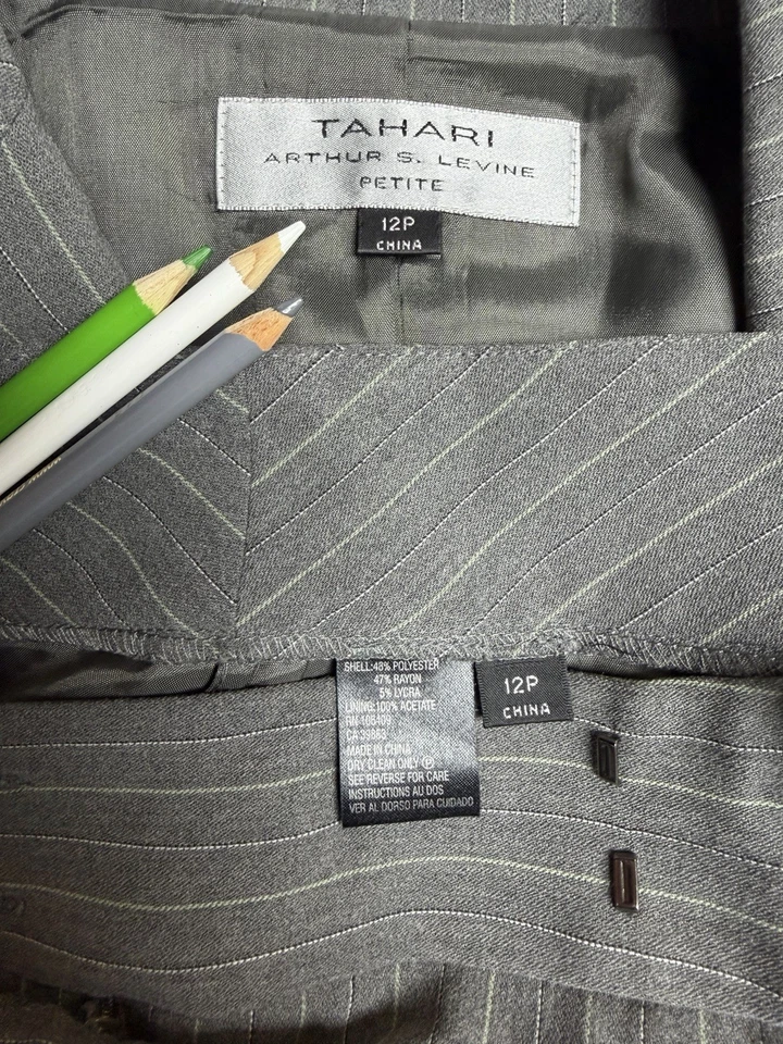 Брюки Tahari ASL костюм размер 12P миниатюрный набор из двух частей карманы серый в тонкую полоску EXEC - Изображение 2 из 4