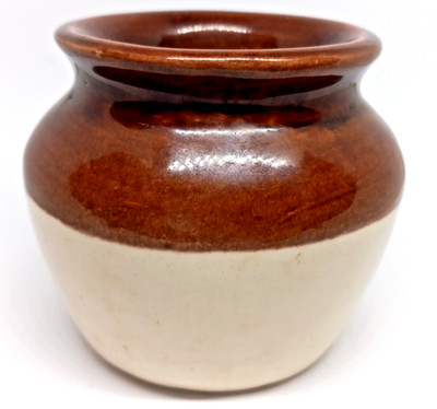 Burnham & Morrill CO Small Stoneware Bean Pot Brown & White Glaze 3.75 In Dia