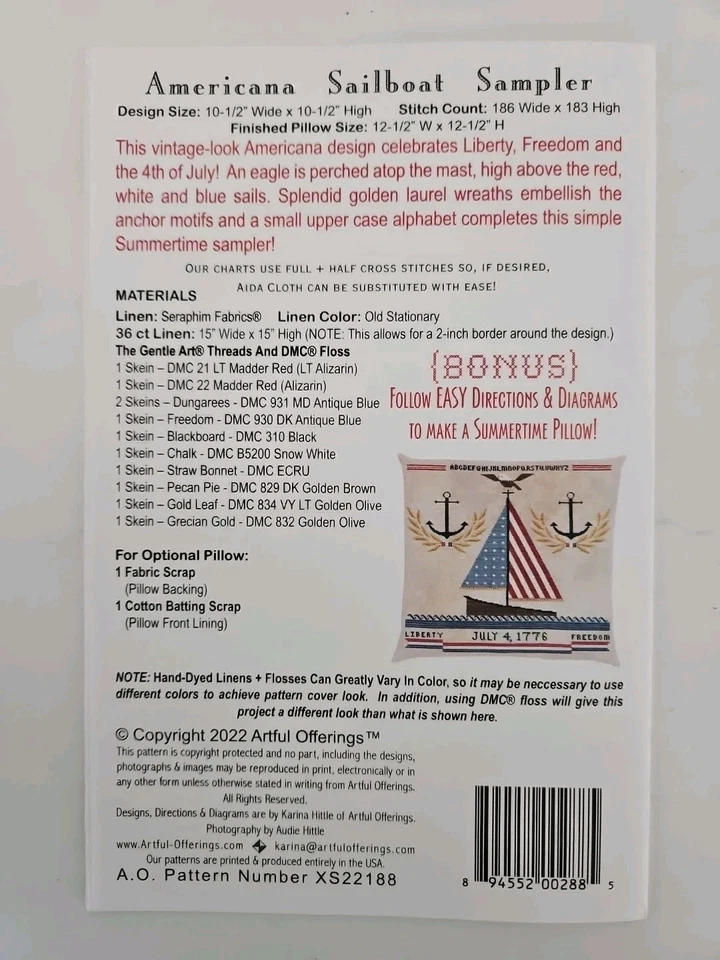 Artful Offerings AMERICANA SAILBOAT SAMPLER Counted Cross Stitch Pattern USA - Image 3 of 4