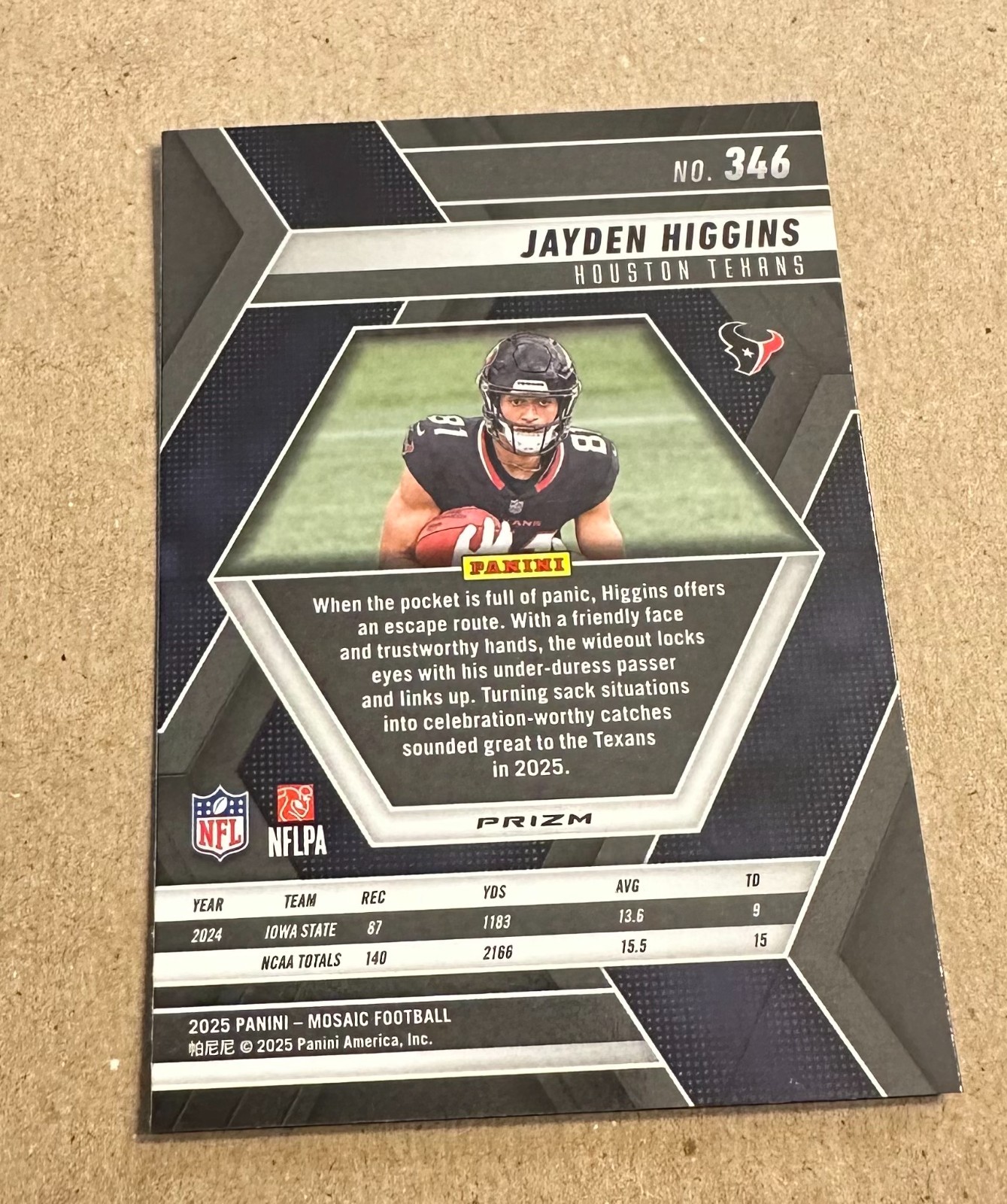 Jayden Higgins  2025 Panini Mosaic Football COOKIE PRIZM SSP Texans No. 346