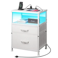 White Nightstand with Charging Station, LED Night Stand with 2 Fabric Drawers...