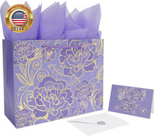 13" Large Rose Purple Gift Bag Set with Greeting Card and Tissue Paper for Women