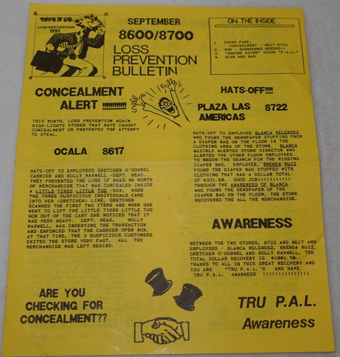 Toys R Us 1991 Store Employee Original Loss Prevention Bulletin