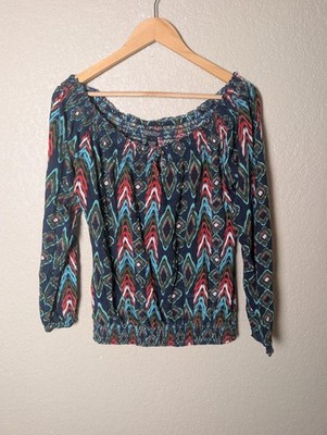 Lucky Brand Top Peacock Colors Keyhole Long Sleeve Shirt Casual Blouse Large Y2K