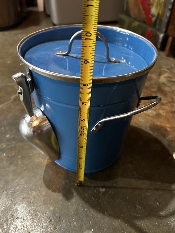 Blue Metal Ice Bucket w/ Lid Cover & Side Handles, 7in Dia x 10in Tall