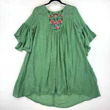 Umgee Boho Floral Embroidered Babydoll Dress Green L Bell Sleeve Festival Shift