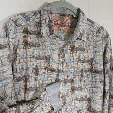 Robert Graham Shirt Flip Cuff Embroidered Button Up Men's Large Beige Abstract