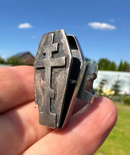 Victorian style  SILVER 875 Orthodox Cross Icon box ring priest coffin cross vtg
