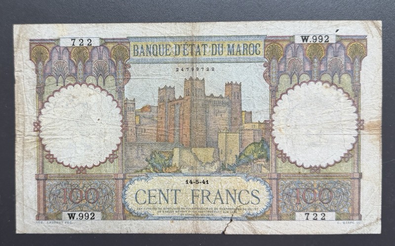 Morocco 1941 100 Francs Banknote - Banque d'État du Maroc - Pick #24