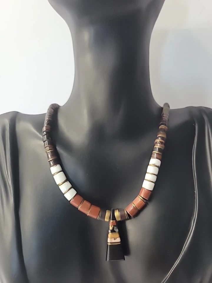 Vintage Southwestern Heishi Bead Necklace Multi Stone Shell Black Stone Pendant - Image 2 of 4