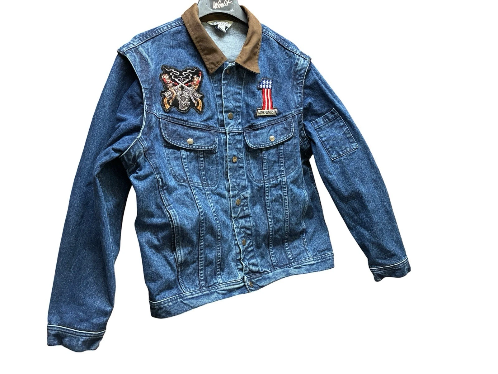 Dakota Denim Jacket Vest Zip Off Sleeves Convertible Harley Davidson #1 Patch L