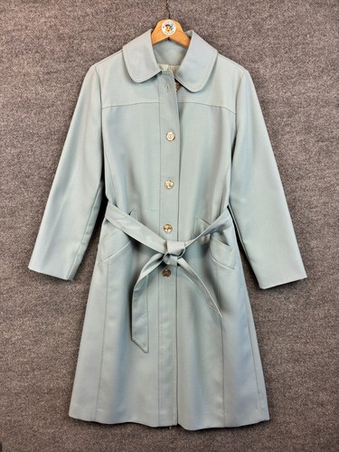 Vintage 1960s 70s Womens Small Blue Mod Cottagcore Overcoat Belted Round Collar