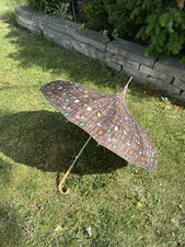 Vintage Umbrella Parasol Brown Geometric Print Fabric Full Size Painted Handle