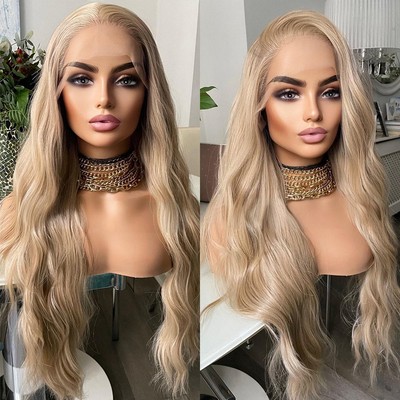 Natürlich Damen Kunsthaar HD T Spitzenfrontperücke Honigblond Long Wavy