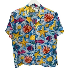 Vintage Womens Carlisle Silk Short Sleeve Blouse Size 16 Blue Tropical Shells