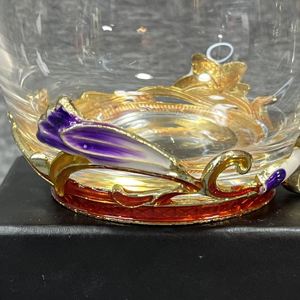 Taza de vidrio café té agua vino diseño moderno esmalte flores mango de metal Foto 3 de 4